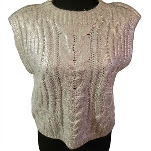 DKNY Silver Metallic Cable-Knit Sleeveless Crew Sweater Vest